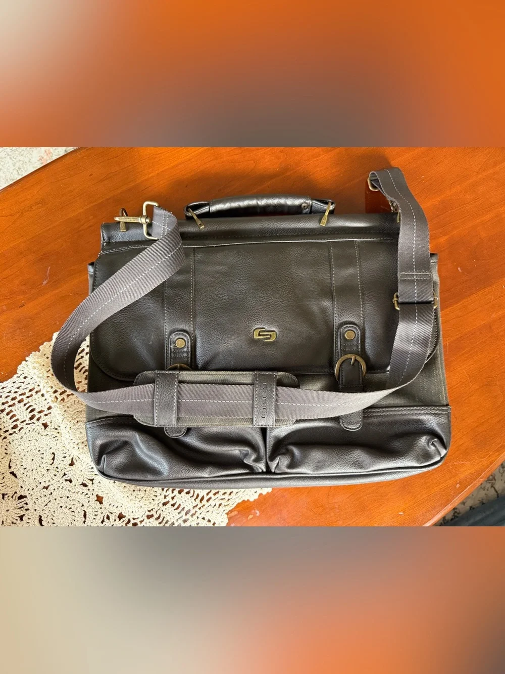 solo Brown Faux Leather Briefcase with Brass Accents